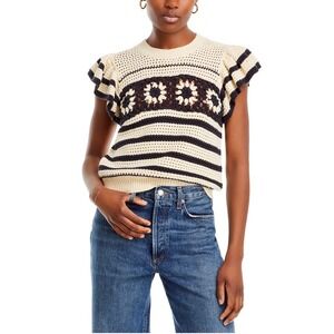 Rails Penelope Flutter Sleeve Sweater Oat Navy Crochet Floral Stripes XS